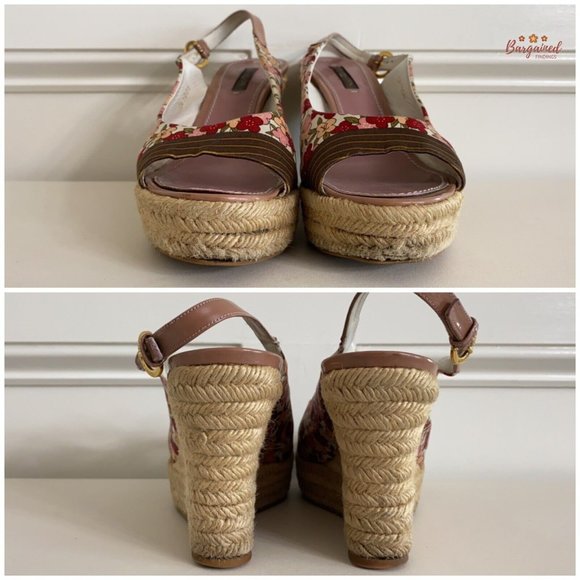 Auth LOUIS VUITTON Floral Satin Fabric Patent Ankle Strap Espadrille Wedge 7.5 - Picture 5 of 15